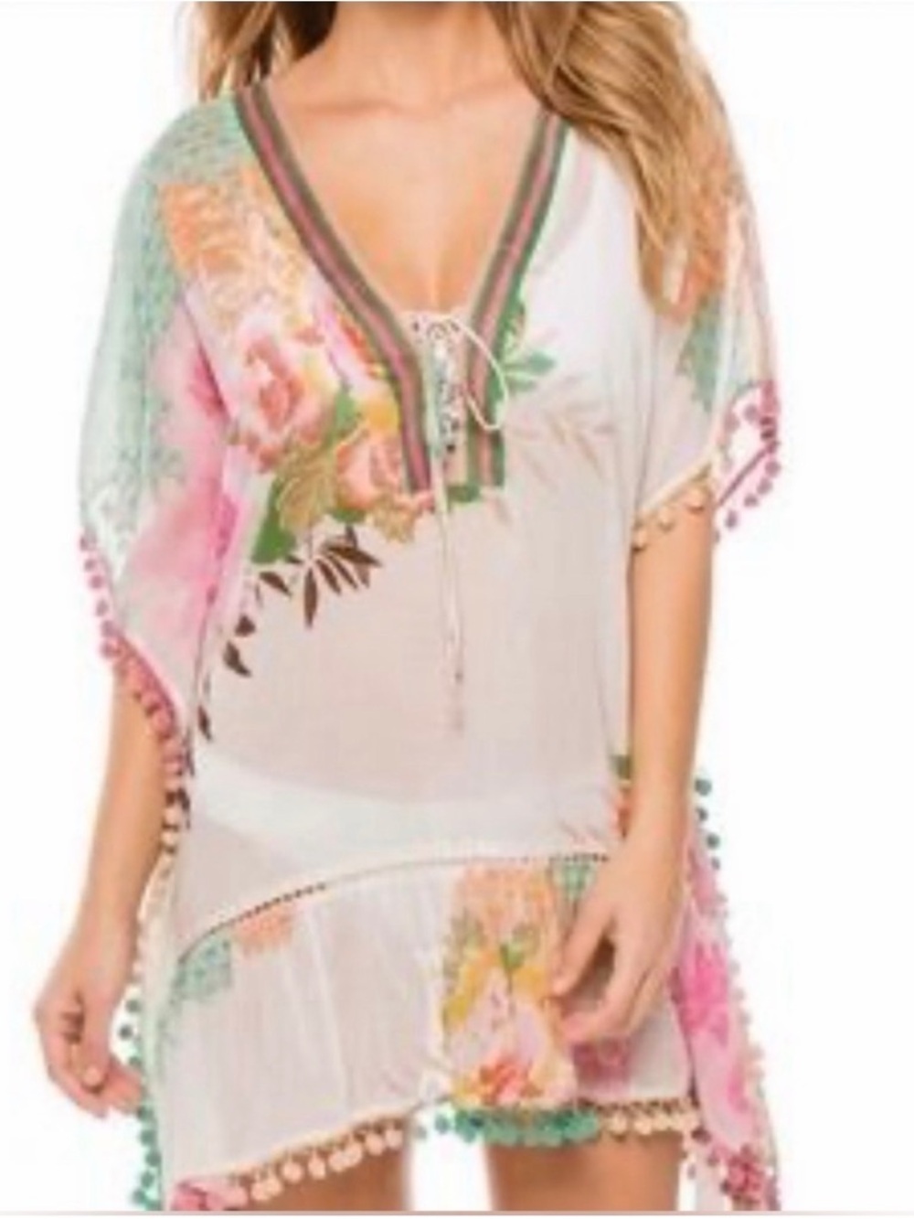 Z&L Boho Kaftan Cover Up Dress Floral Print White Pink
Green Tassels
